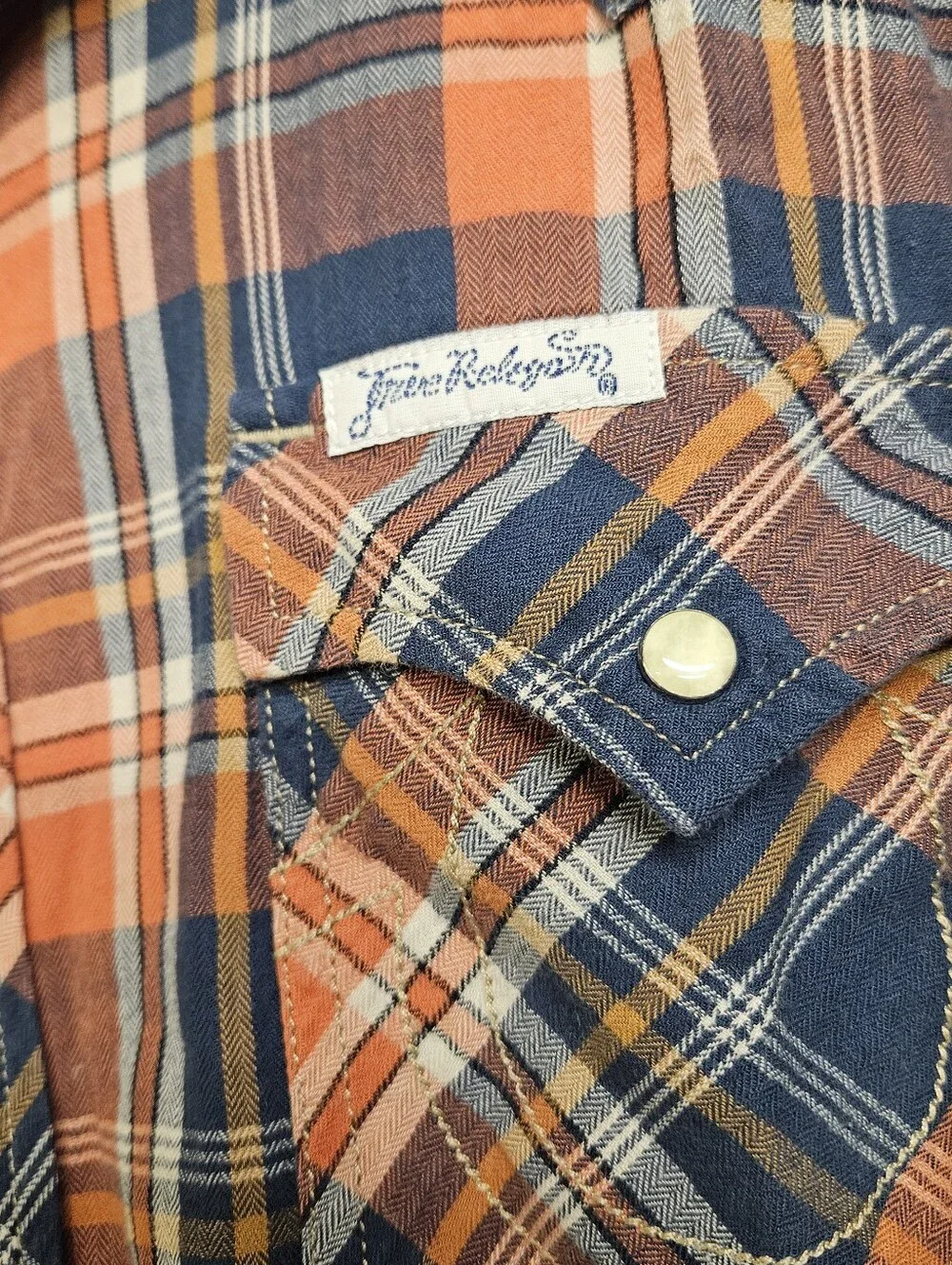 True Religion Long Sleeve Plaid Pearl Snap Western orange & navy blue plaid 3XL